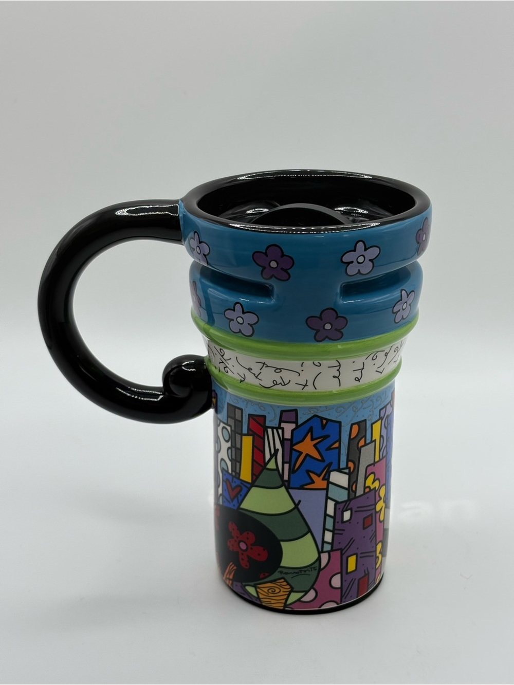 Romero Britto Pop Art For Giftcraft Ceramic Travel Mug 16 Ozs Colourful Retired